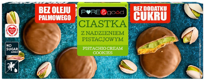 Ciastka z nadzieniem pistacjowym w czekoladzie mlecznej bez dodatku cukrów 96 g - PURE&GOOD