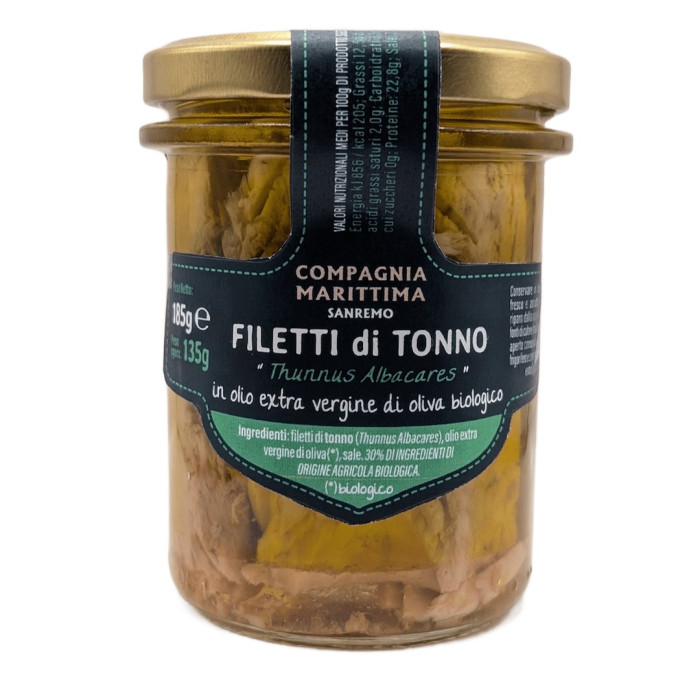 Tuńczyk żółtopłetwy filety w BIO OLIWIE Z OLIWEK EXTRA VIRGIN 185 g (135 g) (SŁOIK) - COMPAGNIA MEDITERRANEA