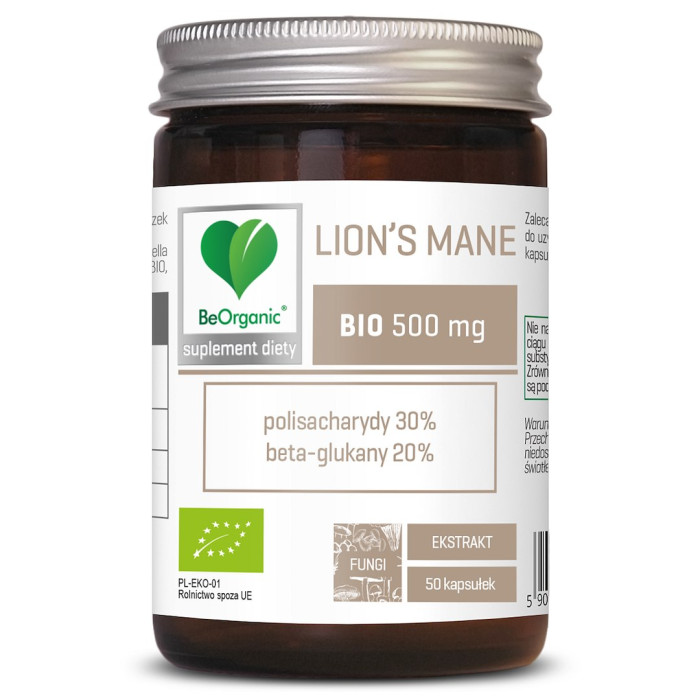 Grzyby soplówka jeżowata (lion's mane) ekstrakt BIO (500 mg) 50 KAPSUŁEK - BE ORGANIC
