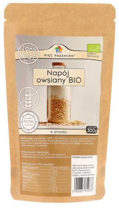 Napój owsiany w proszku bezglutenowy BIO 300 g - PIĘĆ PRZEMIAN