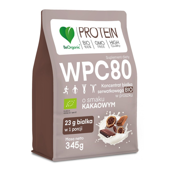 Białko serwatkowe o smaku kakaowym (koncentrat wpc 80) bez dodatku cukrów BIO 345 g - BE ORGANIC