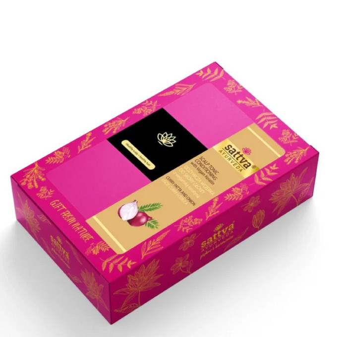 Zestaw prezentowy wcierka odżywcza z wegańska keratyną + szczotka do masażu głowy - SATTVA (AYURVEDA)