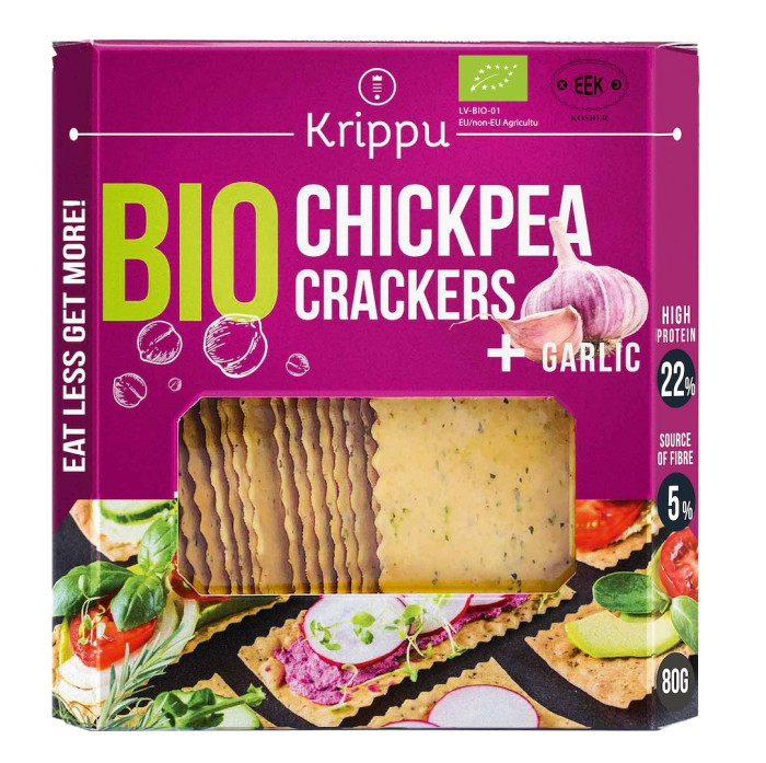Krakersy proteinowe z ciecierzycy z czosnkiem BIO 80 g - KRIPPU