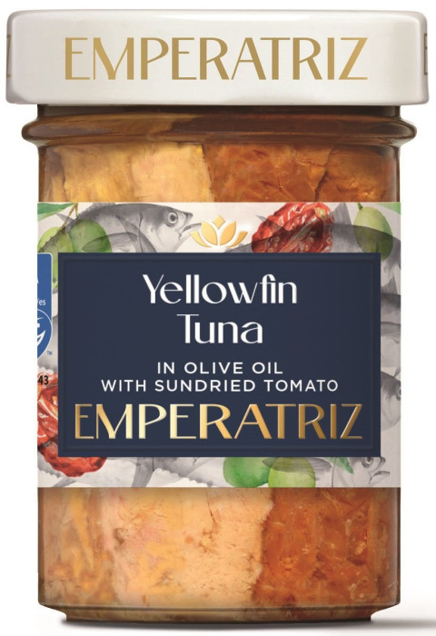 Tuńczyk żółtopłetwy filety msc w oliwie z oliwek z suszonymi pomidorami 180 g (120 g) (słoik) - EMPERATRIZ