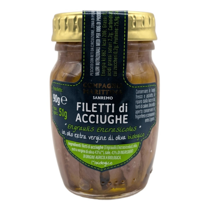 Anchois (sardele) filety w BIO OLIWIE Z OLIWEK EXTRA VIRGIN 90 g (51 g) (SŁOIK) - COMPAGNIA MEDITERRANEA