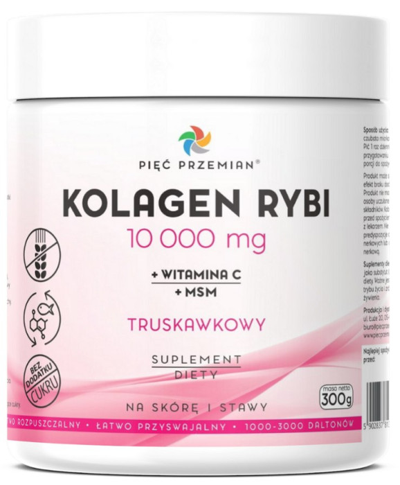 Kolagen rybi + msm + witamina c truskawkowy w proszku bezglutenowy 300 g - PIĘĆ PRZEMIAN