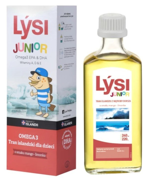 Tran islandzki omega-3 (1195 mg) o smaku mango - LIMONKA DLA DZIECI 240 ml - LYSI JUNIOR