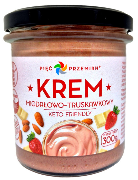 Krem migdałowo - CZEKOLADOWO - TRUSKAWKOWY BEZ DODATKU CUKRÓW BEZGLUTENOWY KETO 300 g - PIĘĆ PRZEMIAN
