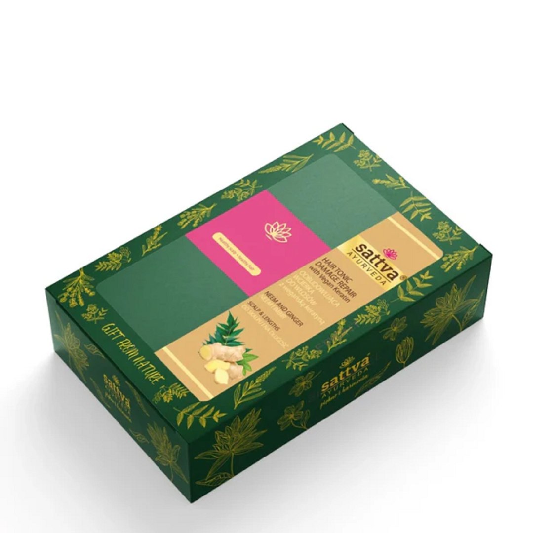 Zestaw prezentowy wcierka odbudowująca z wegańska keratyną + szczotka do masażu głowy - SATTVA (AYURVEDA)