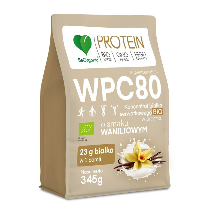 Białko serwatkowe o smaku waniliowym (koncentrat wpc 80) bez dodatku cukrów BIO 345 g - BE ORGANIC