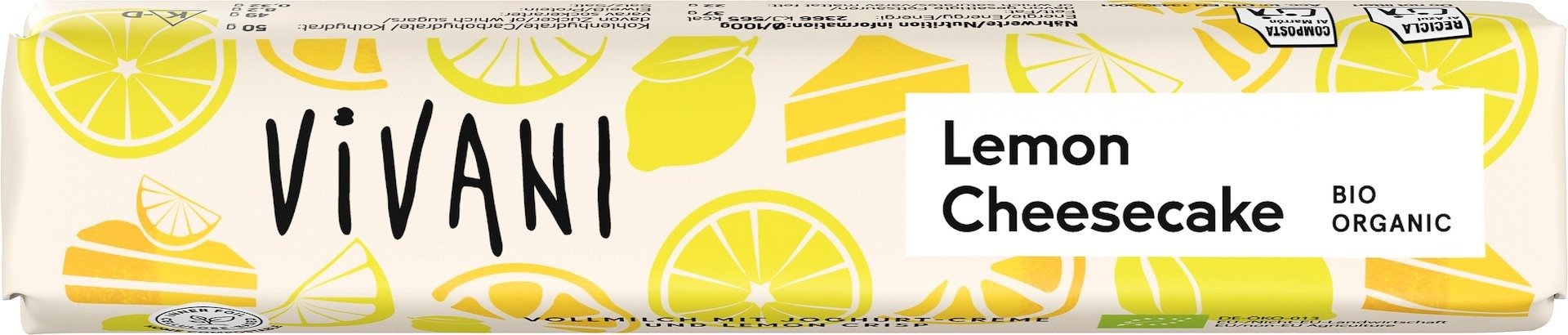 Baton mleczna czekolada z nadzieniem sernik cytrynowy BIO 40 g - VIVANI