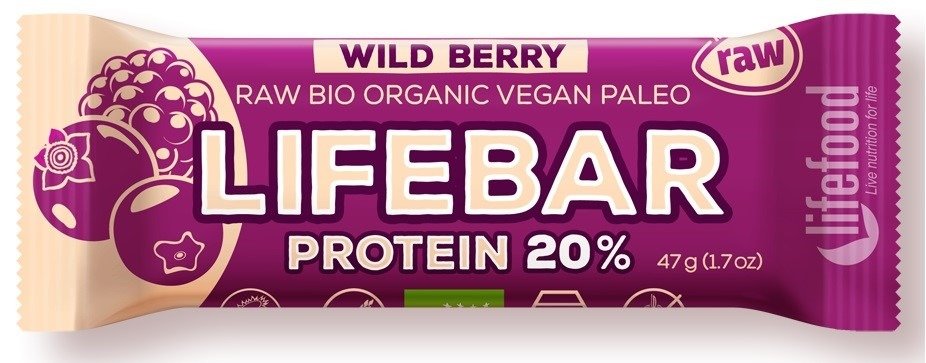 Baton proteinowy z owocami leśnymi raw bez dodatku cukrów bezglutenowy BIO 47 g - LIFEFOOD