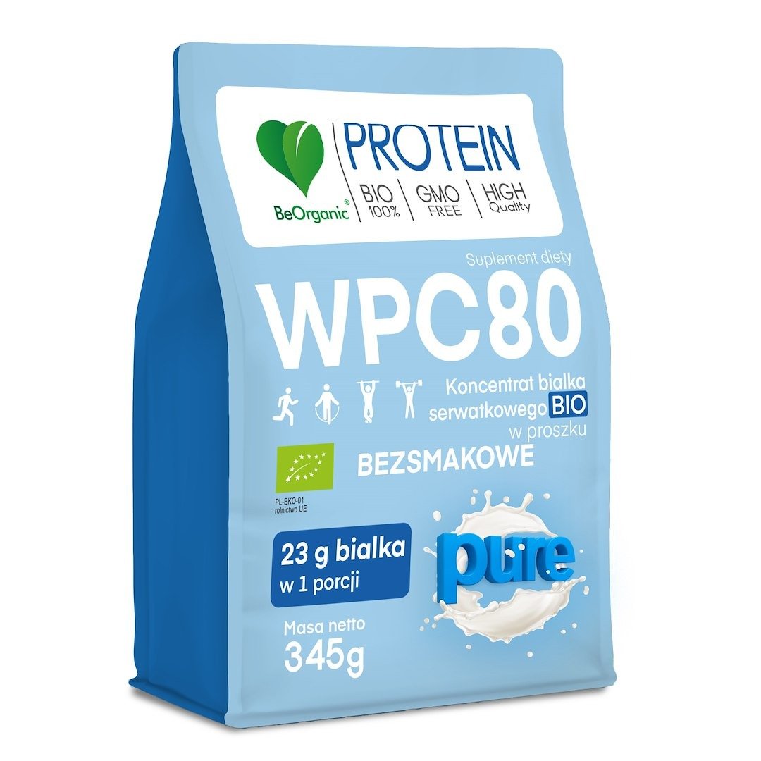 Białko serwatkowe naturalne (koncentrat wpc 80) bez dodatku cukrów BIO 345 g - BE ORGANIC