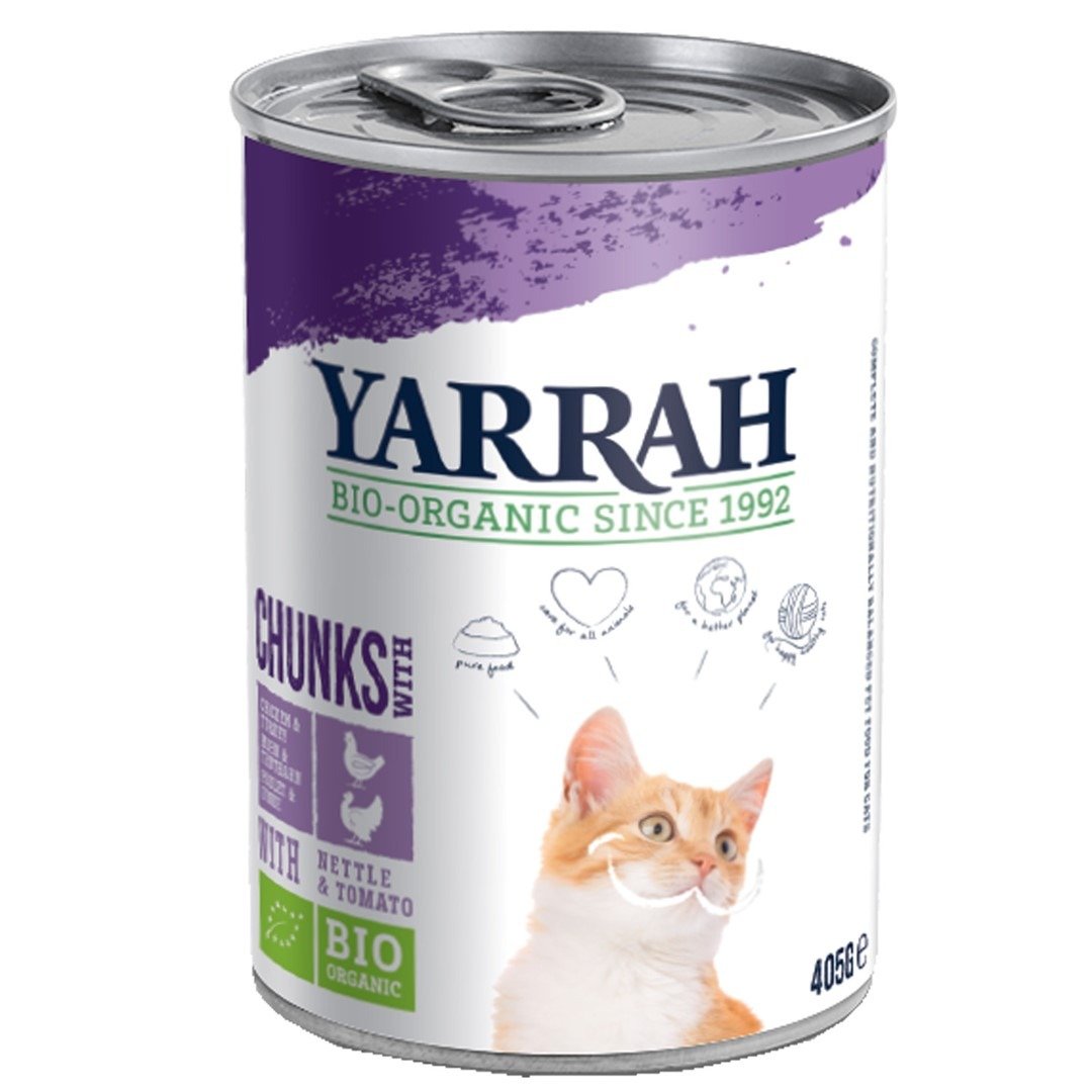 (dla kota dorosłego) kawałki kurczaka i indyka z pomidorem i pokrzywą BIO 405 g - YARRAH