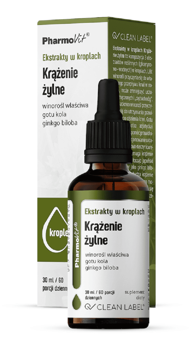 Ekstrakty w kroplach na prawidłowe krążenie żylne bezglutenowe 30 ml - PHARMOVIT (CLEAN LABEL)