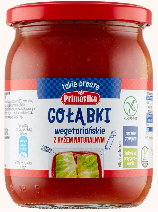 Gołąbki wegańskie z ryżem i pieczarkami w sosie pomidorowym bezglutenowe 480 g - PRIMAVIKA