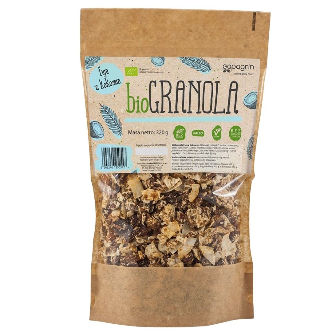 Granola figa z kokosem bez dodatku cukrów bezglutenowa BIO 320 g - PAPAGRIN