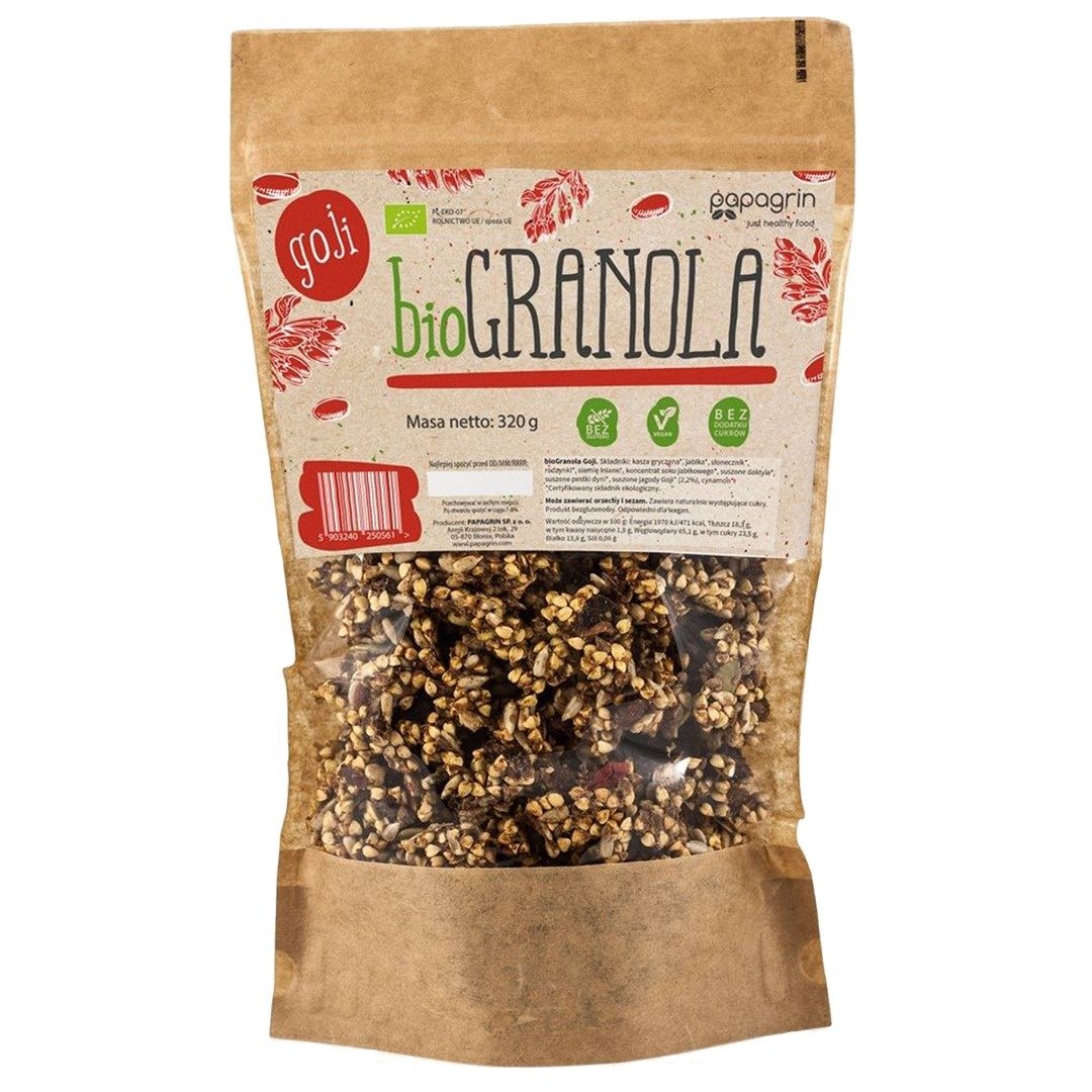 Granola z goji bez dodatku cukrów bezglutenowa BIO 320 g - PAPAGRIN