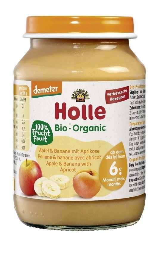 Jabłko - banan - morela bez dodatku cukrów bezglutenowe od 6 miesiąca demeter BIO 190 g (SŁOIK) - HOLLE
