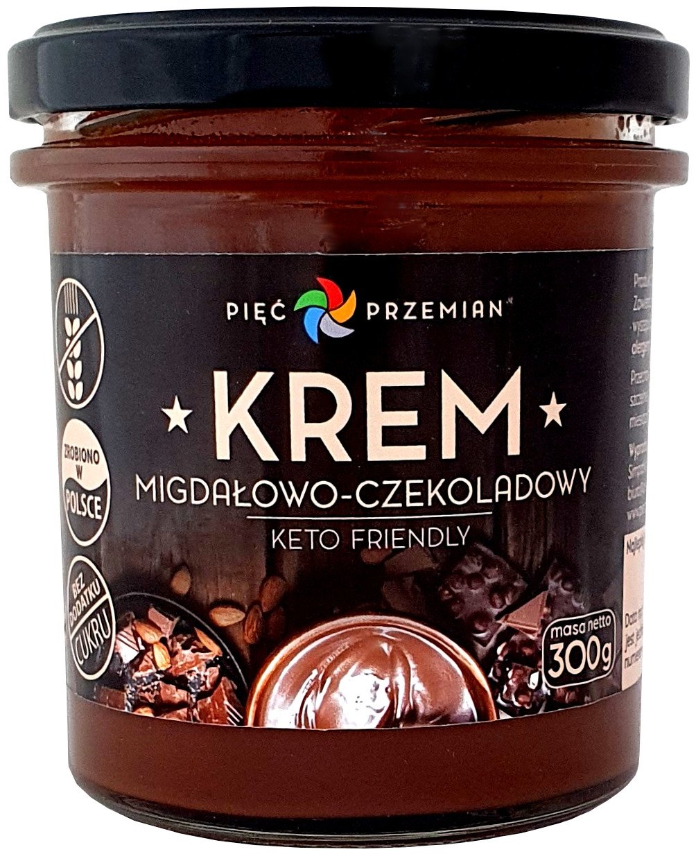 Krem migdałowo - CZEKOLADOWY BEZ DODATKU CUKRÓW BEZGLUTENOWY KETO 300 g - PIĘĆ PRZEMIAN