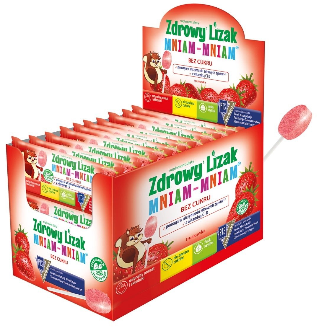 Lizak o smaku truskawkowym z witaminą d i c bez cukru bezglutenowy 6 g - MNIAM MNIAM STARPHARMA