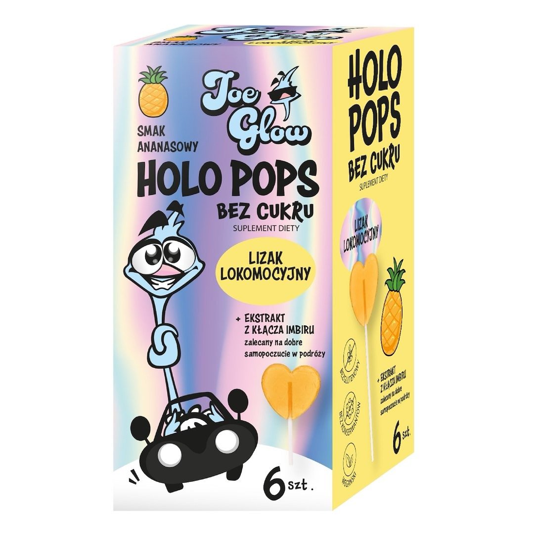 Lizak serce holo pops o smaku ananasowym z imbirem na objawy lokomocyjne bez cukru bezglutenowy (6 szt.) 36 g - JOE GLOW