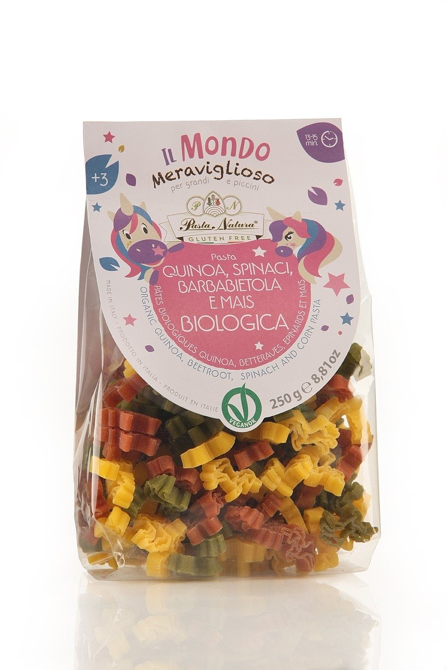 Makaron (kukurydziany trójkolorowy) dla dzieci jednorożce bezglutenowy BIO 250 g - PASTA NATURA