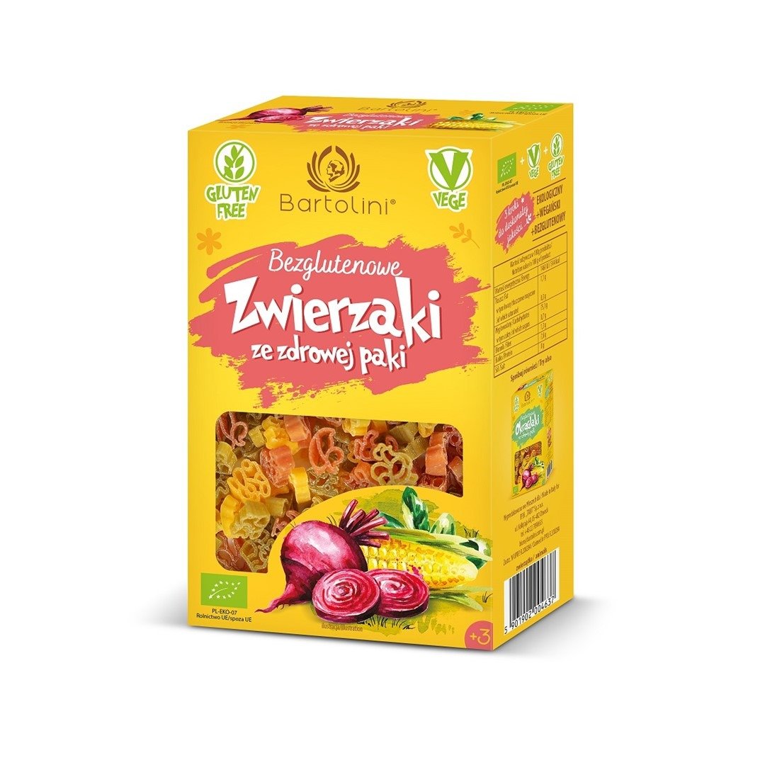 Makaron (kukurydziany z suszonymi warzywami) dla dzieci zwierzaki bezglutenowy BIO 250 g - BARTOLINI