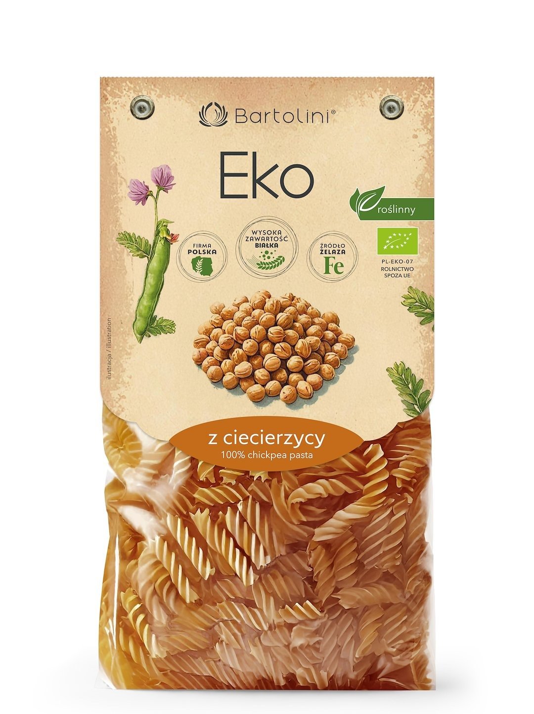 Makaron proteinowy (z ciecierzycy) świderki BIO 250 g - BARTOLINI