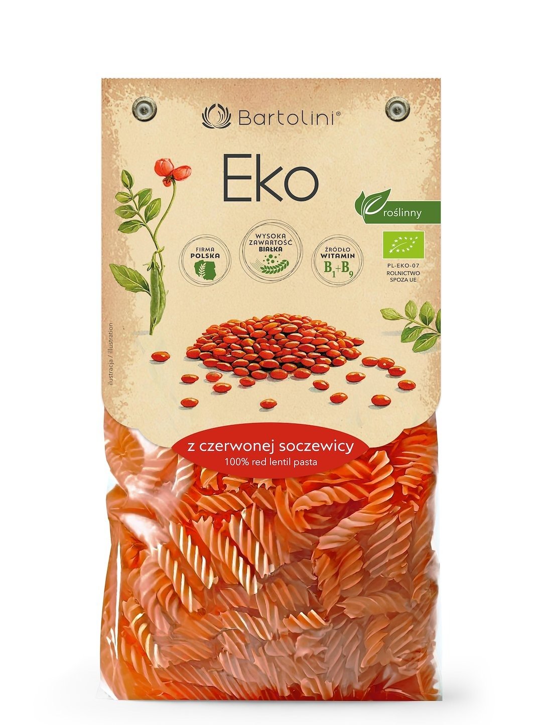 Makaron proteinowy (z soczewicy czerwonej) świderki BIO 250 g - BARTOLINI