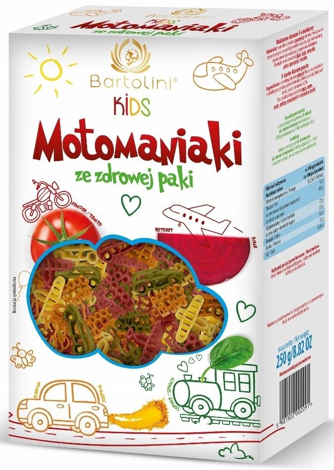 Makaron (semolinowy z suszonymi warzywami) dla dzieci motomaniaki 250 g - BARTOLINI