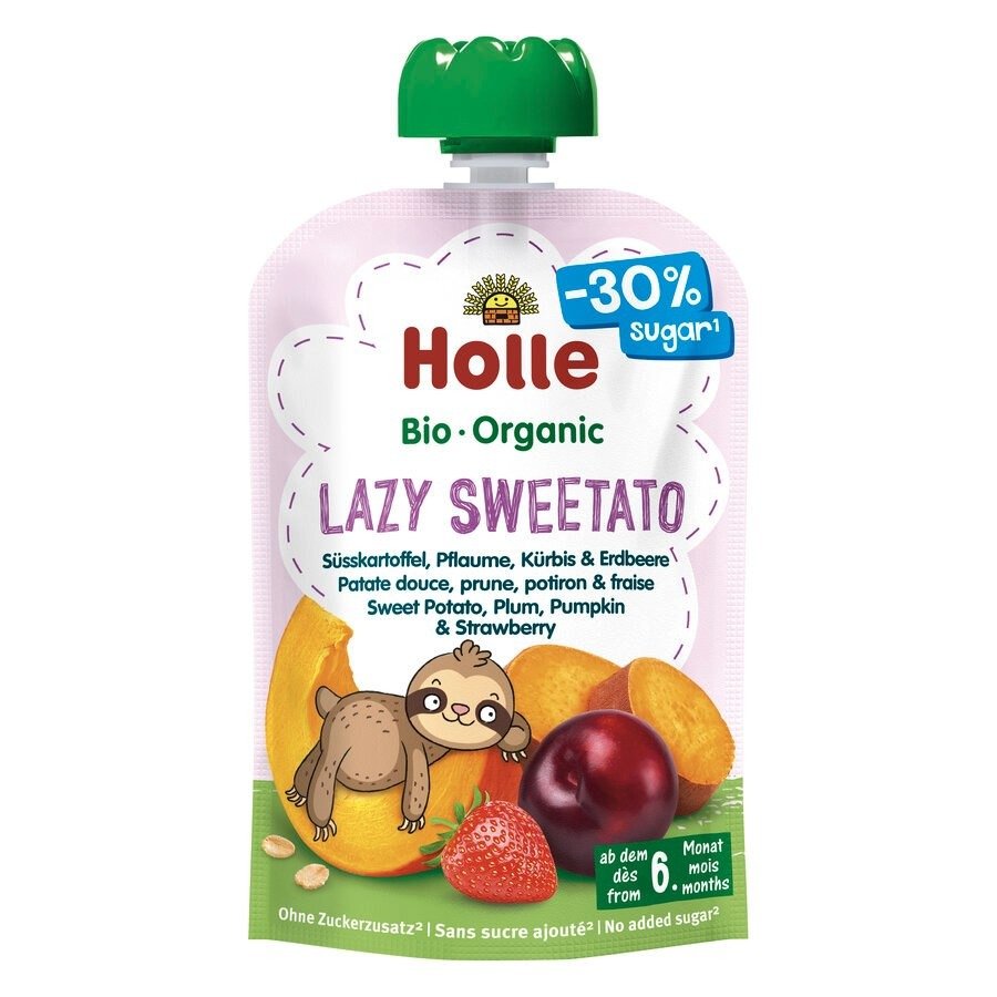 Mus słodki leniwiec (batat - śliwka - dynia - truskawka) bez dodatku cukrów bezglutenowy od 6 miesiąca demeter BIO 100 g - HOLLE