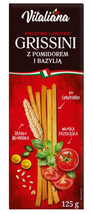 Paluszki grissini z pomidorami i bazylią 125 g - VITALIANA