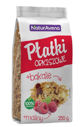 Płatki orkiszowe błyskawiczne z owocami tropikalnymi, słonecznikiem i malinami 200 g - NATURAVENA