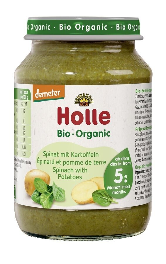 Szpinak z ziemniakiem bez dodatku cukrów bezglutenowy od 5 miesiąca demeter BIO 190 g (SŁOIK) - HOLLE