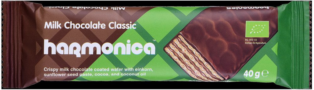 Wafelek z samopszy z kremem mleczno - kakaowym w polewie z czekolady mlecznej BIO 40 g - HARMONICA