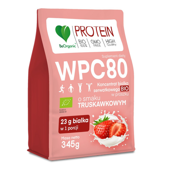 Białko serwatkowe o smaku truskawkowym (koncentrat wpc 80) bez dodatku cukrów BIO 345 g - BE ORGANIC