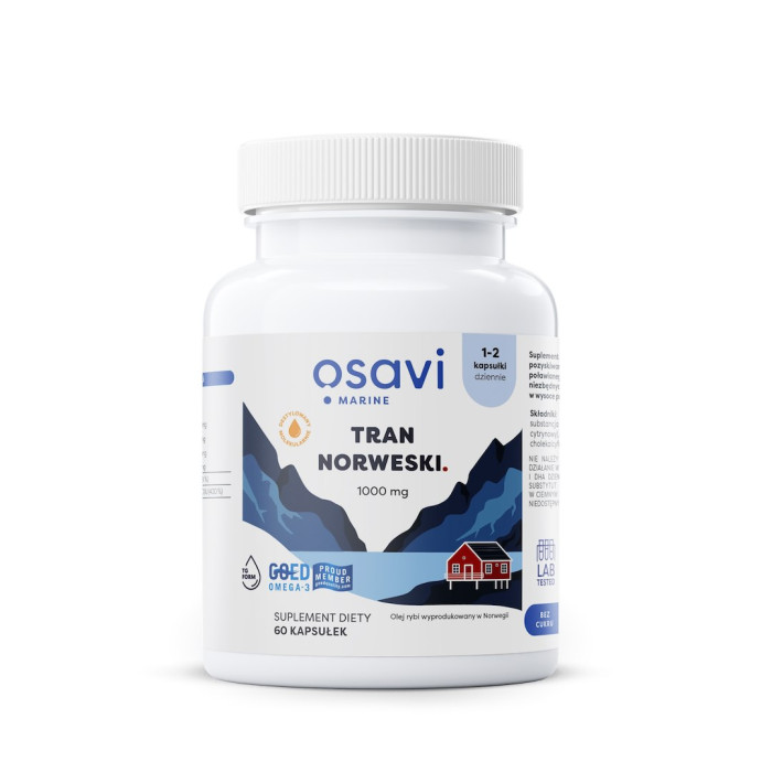 Tran norweski omega-3 (220 mg) o smaku cytrynowym bezglutenowy 60 kapsułek - OSAVI